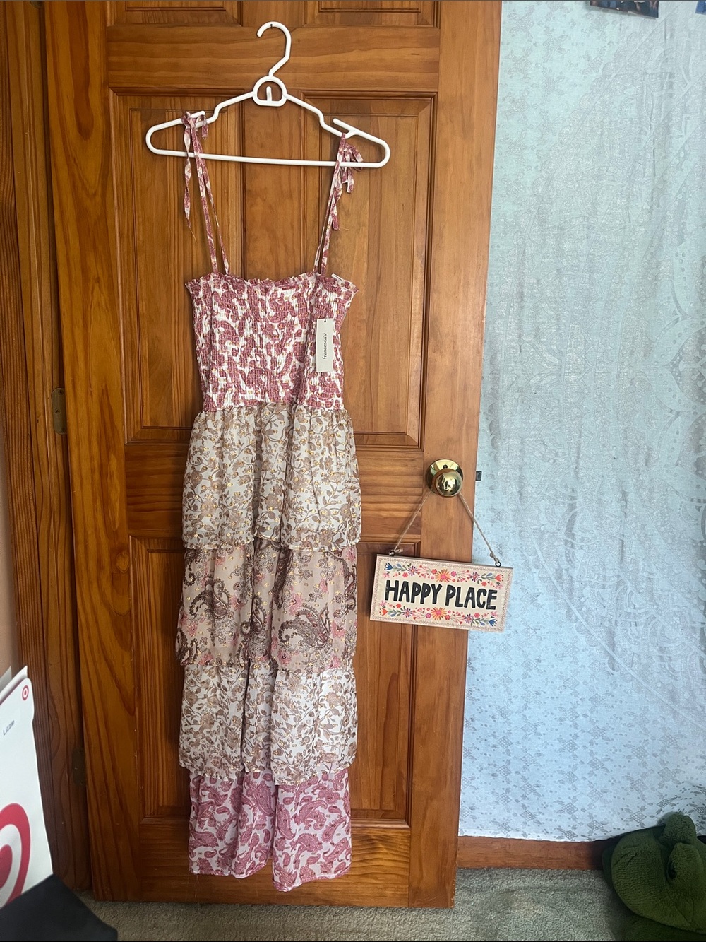 Francesca's Ivory Maxi Dress with Pink and Gold Accents